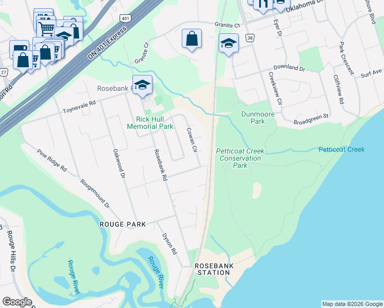 map of restaurants, bars, coffee shops, grocery stores, and more near 665 Cowan Circle in Pickering