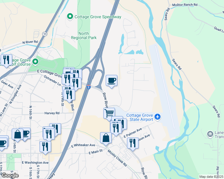 map of restaurants, bars, coffee shops, grocery stores, and more near 1515 Village Drive in Cottage Grove