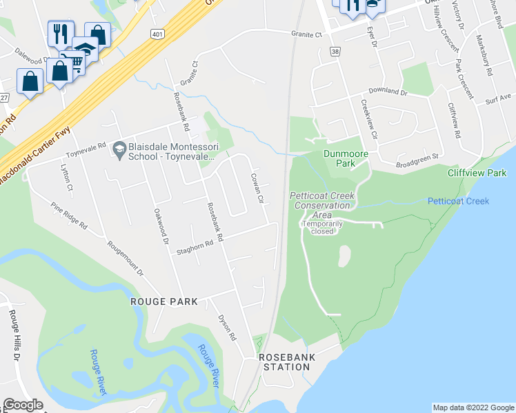 map of restaurants, bars, coffee shops, grocery stores, and more near 665 Cowan Circle in Pickering