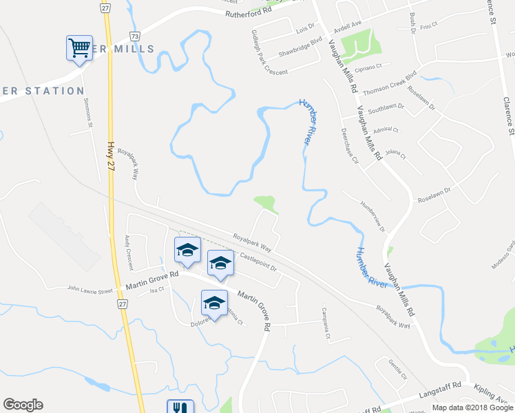 map of restaurants, bars, coffee shops, grocery stores, and more near 50 Panorama Crescent in Vaughan