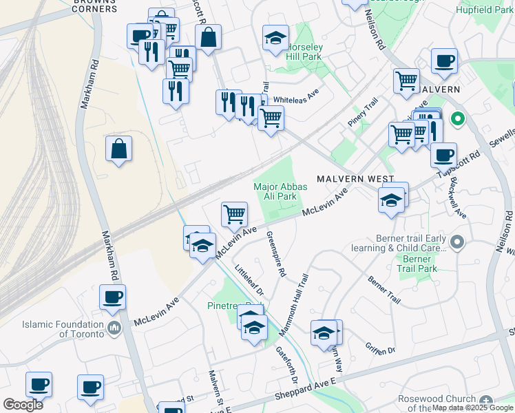 map of restaurants, bars, coffee shops, grocery stores, and more near 130 McLevin Avenue in Toronto