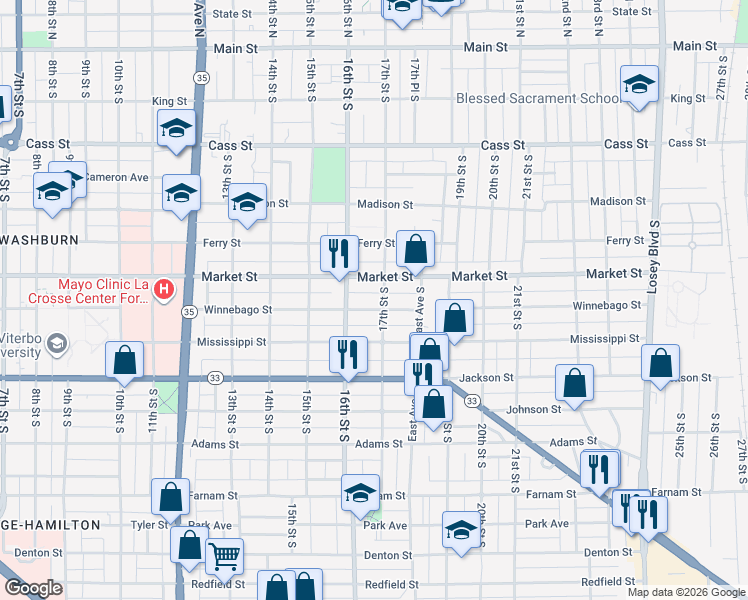 map of restaurants, bars, coffee shops, grocery stores, and more near 1626 Market Street in La Crosse
