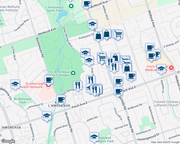 map of restaurants, bars, coffee shops, grocery stores, and more near in Toronto