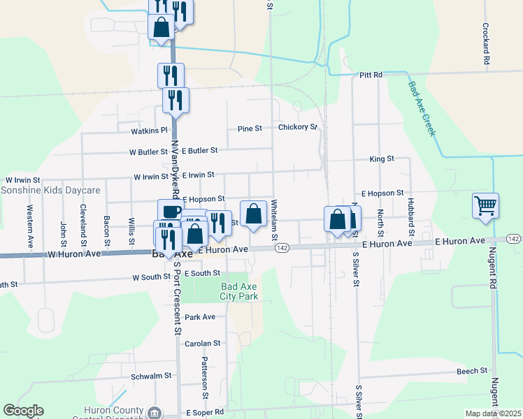 map of restaurants, bars, coffee shops, grocery stores, and more near 311 Whitelam Street in Bad Axe