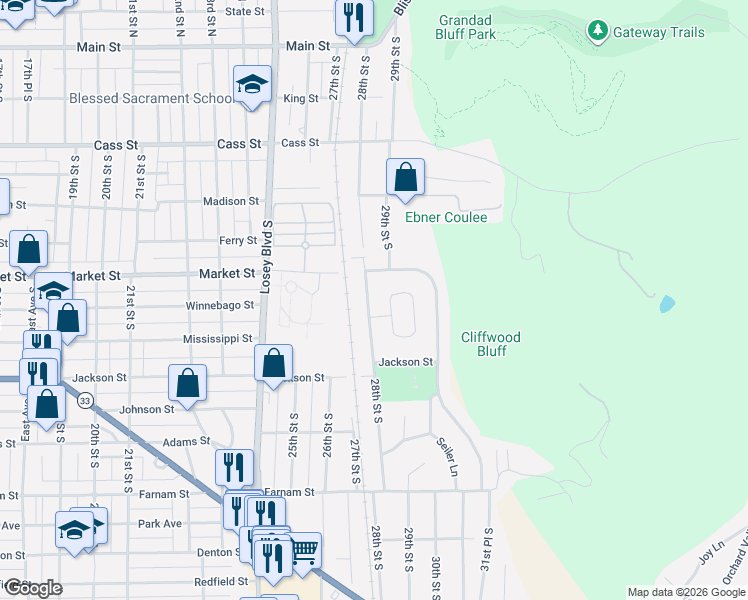 map of restaurants, bars, coffee shops, grocery stores, and more near 608 Cliffwood Lane in La Crosse