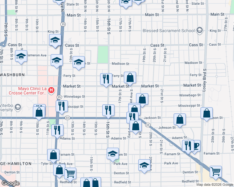map of restaurants, bars, coffee shops, grocery stores, and more near 1626 Market Street in La Crosse