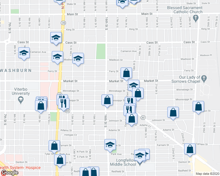map of restaurants, bars, coffee shops, grocery stores, and more near 1626 Market Street in La Crosse