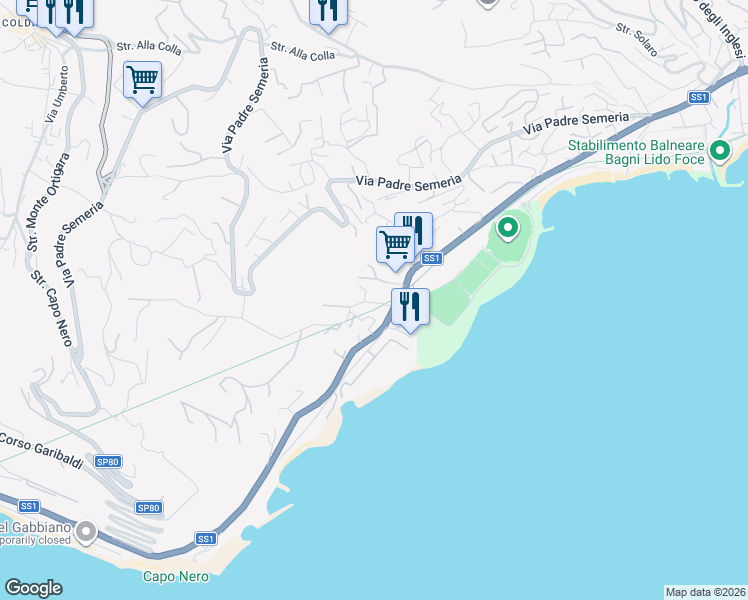 map of restaurants, bars, coffee shops, grocery stores, and more near 168 Corso Guglielmo Marconi in Sanremo