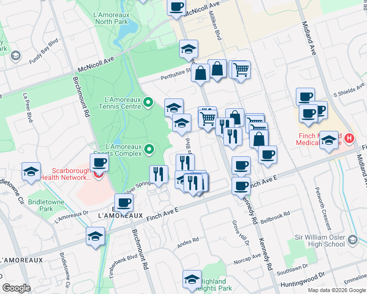map of restaurants, bars, coffee shops, grocery stores, and more near in Toronto
