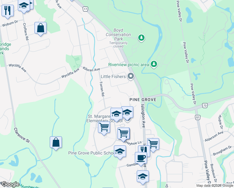 map of restaurants, bars, coffee shops, grocery stores, and more near 80 Charmaine Road in Vaughan
