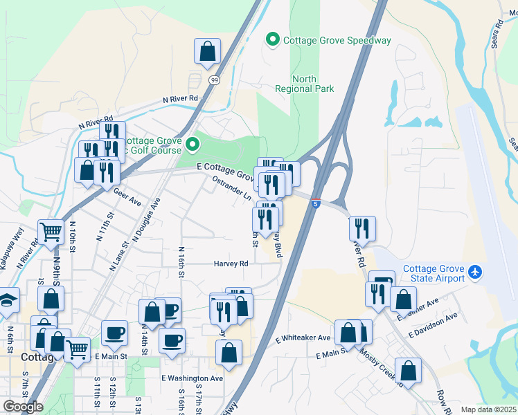 map of restaurants, bars, coffee shops, grocery stores, and more near 1601 Gateway Boulevard in Cottage Grove