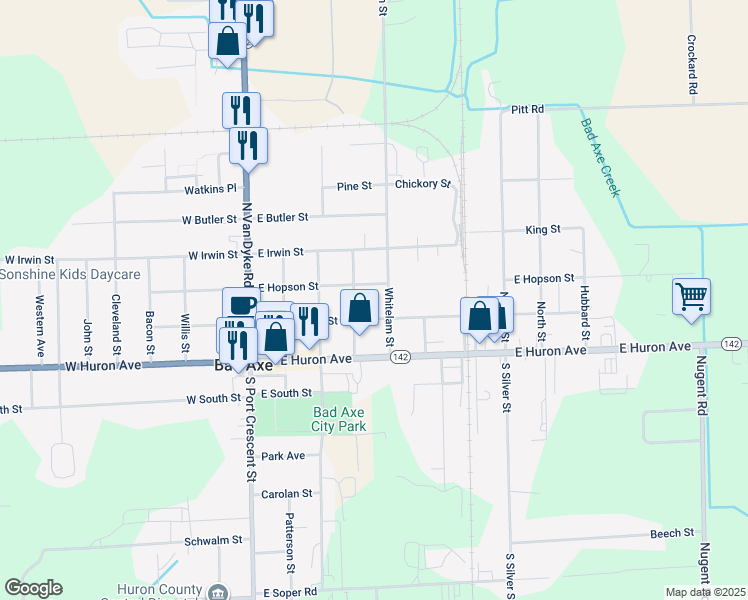 map of restaurants, bars, coffee shops, grocery stores, and more near 421 East Woodworth Street in Bad Axe