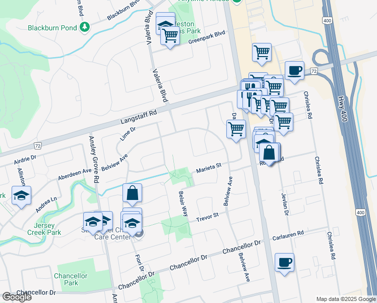 map of restaurants, bars, coffee shops, grocery stores, and more near 81 Firefly Crescent in Vaughan