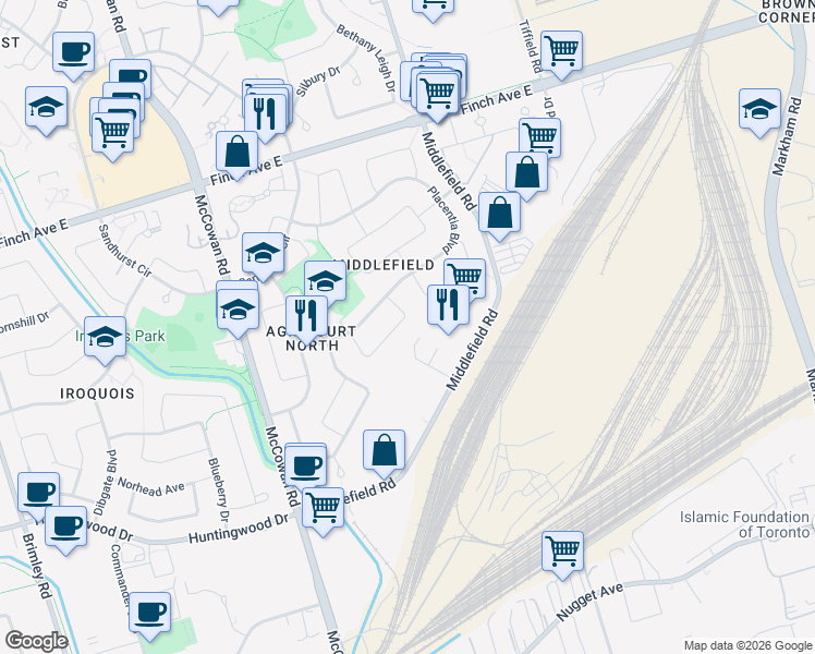map of restaurants, bars, coffee shops, grocery stores, and more near 61 Shootfield Crescent in Toronto