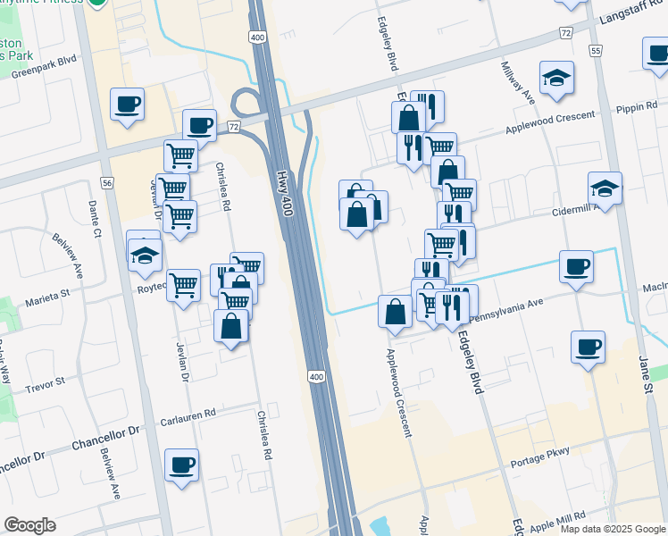 map of restaurants, bars, coffee shops, grocery stores, and more near 400 Applewood Crescent in Vaughan