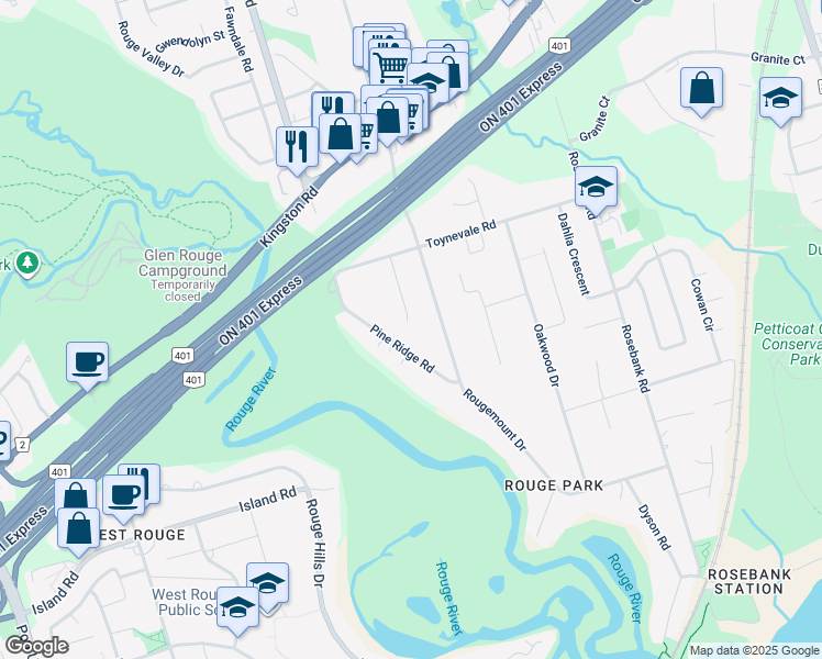 map of restaurants, bars, coffee shops, grocery stores, and more near 1001 Lytton Court in Pickering