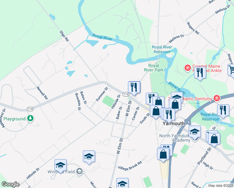 map of restaurants, bars, coffee shops, grocery stores, and more near 43 West Main Street in Yarmouth