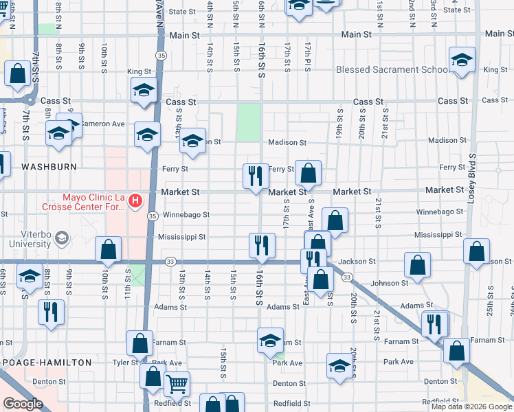 map of restaurants, bars, coffee shops, grocery stores, and more near 1532 Market Street in La Crosse
