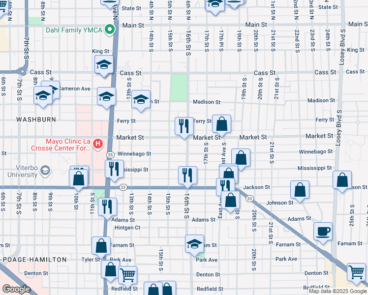 map of restaurants, bars, coffee shops, grocery stores, and more near 1532 Market Street in La Crosse