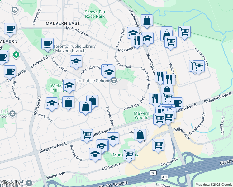 map of restaurants, bars, coffee shops, grocery stores, and more near 38 Stanbridge Court in Toronto