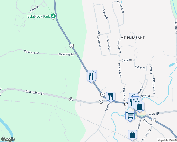 map of restaurants, bars, coffee shops, grocery stores, and more near 351 Grove Street in Brandon