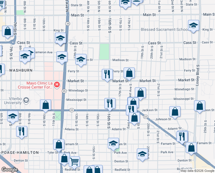 map of restaurants, bars, coffee shops, grocery stores, and more near 1532 Market Street in La Crosse