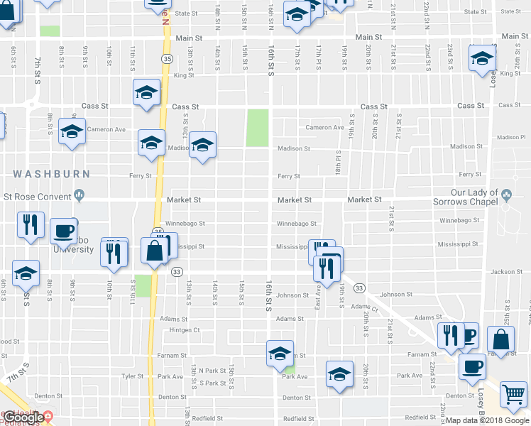map of restaurants, bars, coffee shops, grocery stores, and more near 722 16th Street South in La Crosse