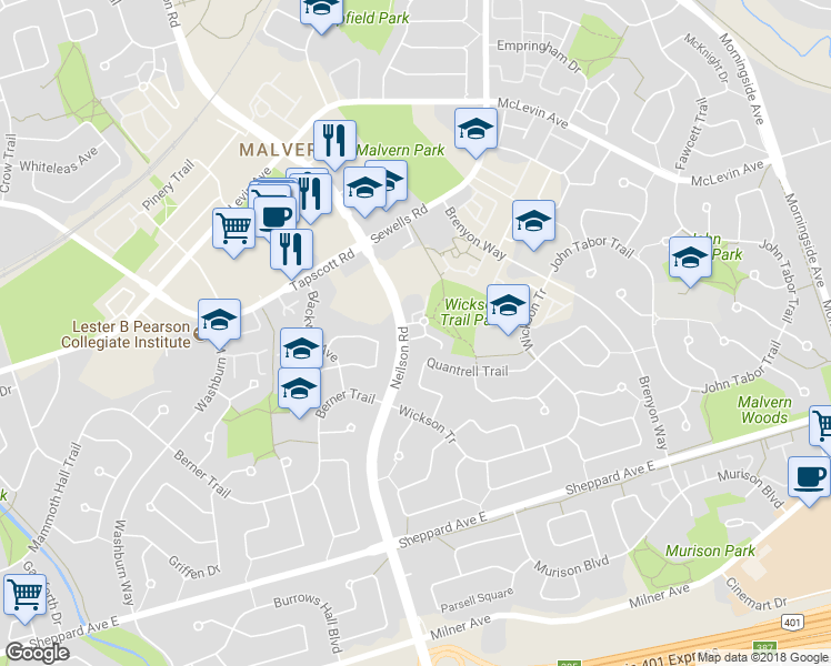 map of restaurants, bars, coffee shops, grocery stores, and more near 5 Silver Bell Grove in Toronto