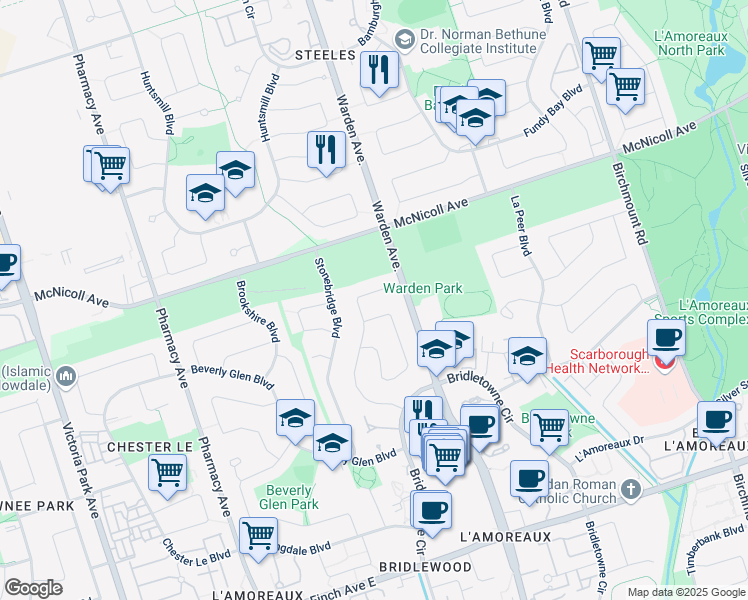 map of restaurants, bars, coffee shops, grocery stores, and more near 160 Glen Springs Drive in Toronto