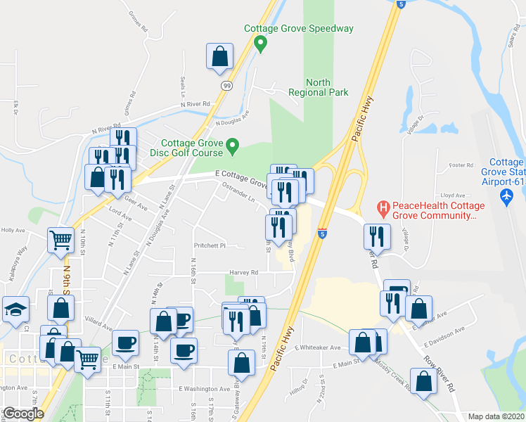map of restaurants, bars, coffee shops, grocery stores, and more near 1517 North 19th Street in Cottage Grove