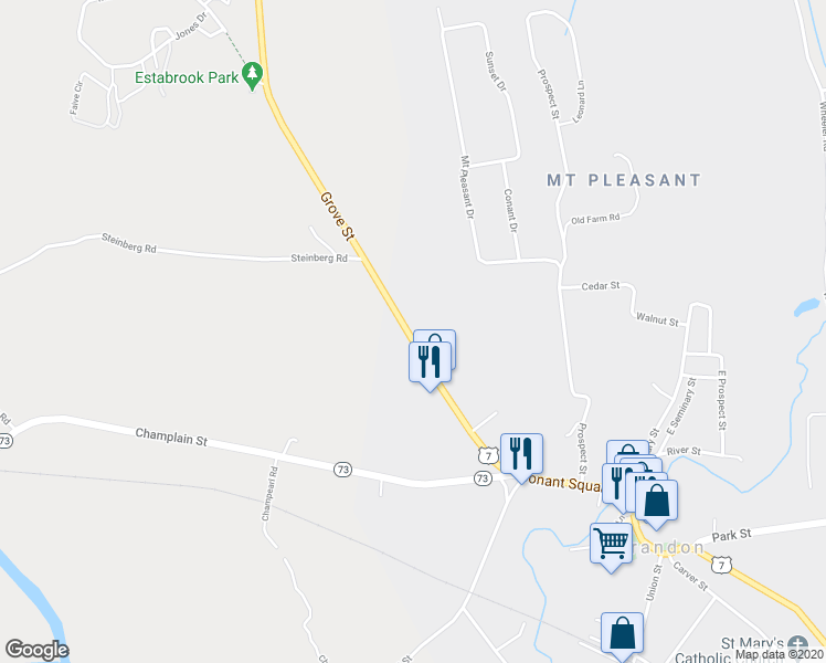 map of restaurants, bars, coffee shops, grocery stores, and more near 351 Grove Street in Brandon