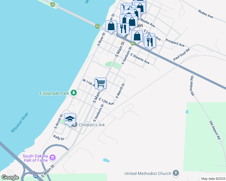 map of restaurants, bars, coffee shops, grocery stores, and more near 703 South Sanborn Street in Chamberlain