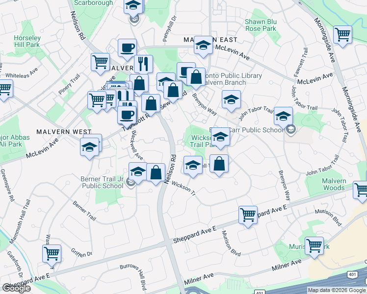 map of restaurants, bars, coffee shops, grocery stores, and more near in Toronto