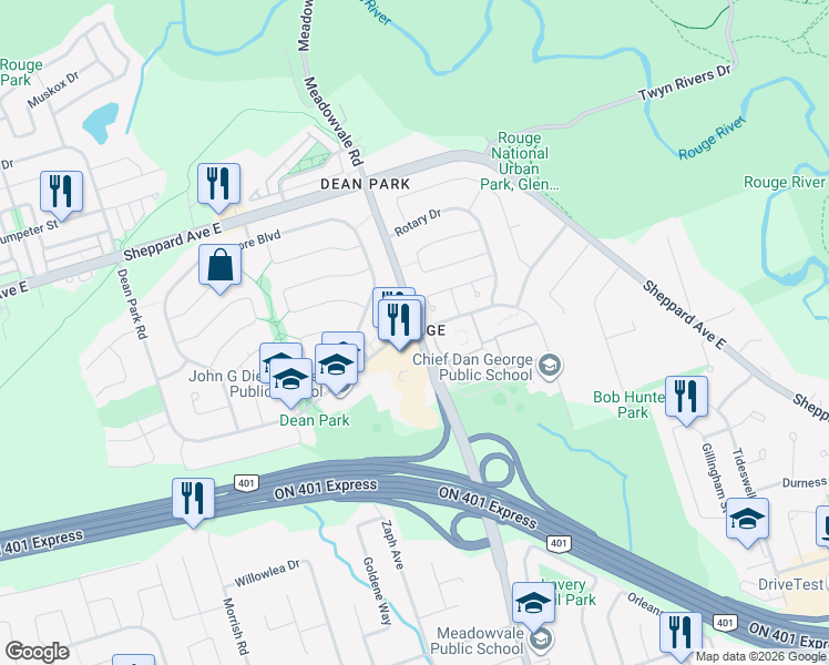 map of restaurants, bars, coffee shops, grocery stores, and more near 1 Dean Park Road in Toronto