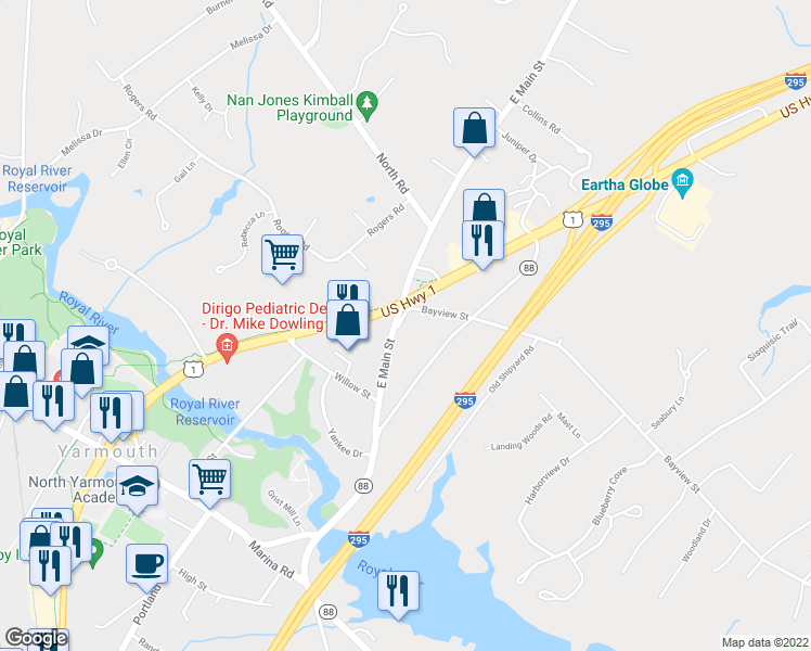map of restaurants, bars, coffee shops, grocery stores, and more near 27 Bayview Street in Yarmouth