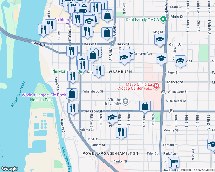 map of restaurants, bars, coffee shops, grocery stores, and more near 614 Market Street in La Crosse