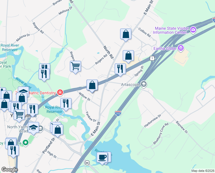 map of restaurants, bars, coffee shops, grocery stores, and more near 27 Bayview Street in Yarmouth