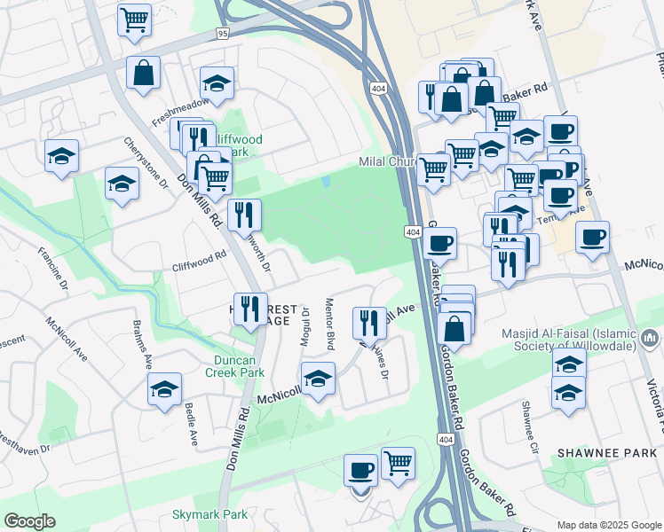 map of restaurants, bars, coffee shops, grocery stores, and more near 18 Jardin Hill Court in Toronto