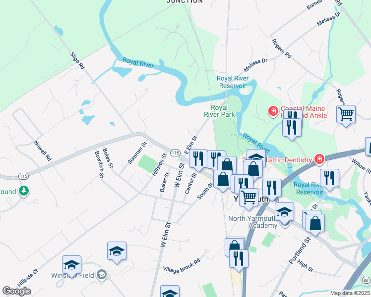map of restaurants, bars, coffee shops, grocery stores, and more near 16 East Elm Street in Yarmouth
