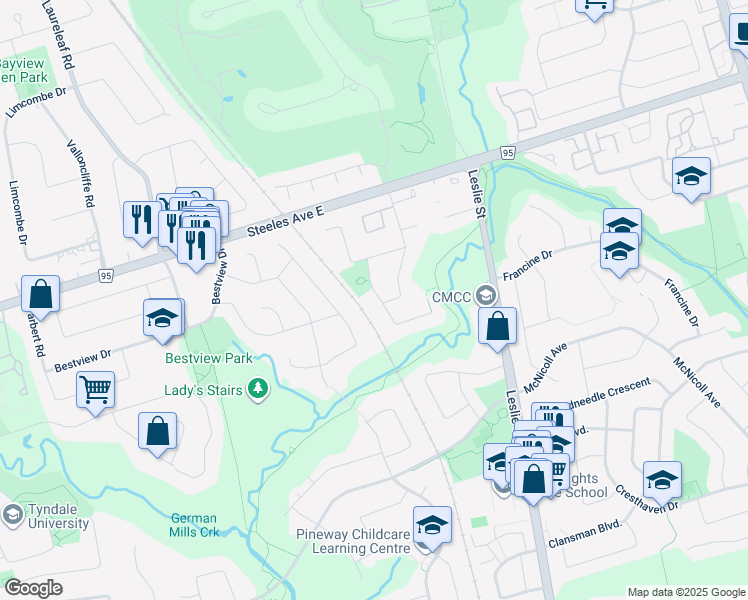 map of restaurants, bars, coffee shops, grocery stores, and more near 38 Saddletree Drive in Toronto