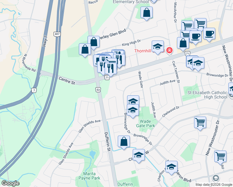 map of restaurants, bars, coffee shops, grocery stores, and more near 98 White Boulevard in Vaughan