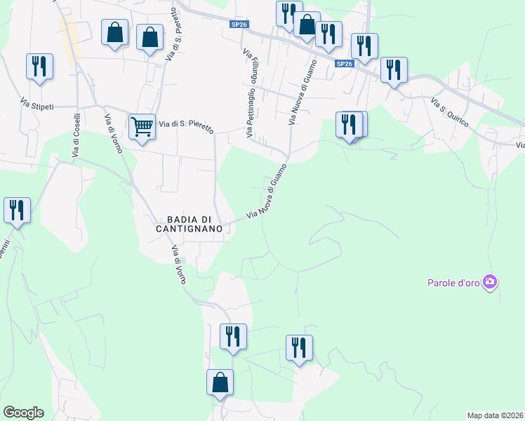 map of restaurants, bars, coffee shops, grocery stores, and more near 35A Via Nuova di Guamo in Capannori