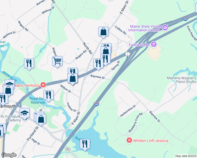 map of restaurants, bars, coffee shops, grocery stores, and more near 114 Spring Street in Yarmouth