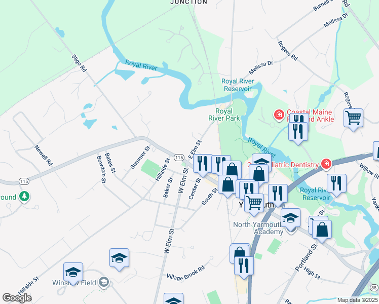 map of restaurants, bars, coffee shops, grocery stores, and more near 16 East Elm Street in Yarmouth