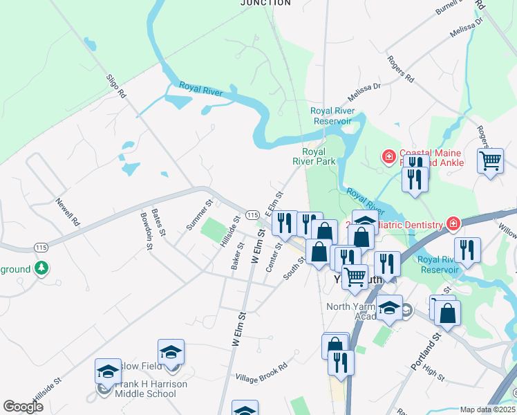 map of restaurants, bars, coffee shops, grocery stores, and more near 16 East Elm Street in Yarmouth