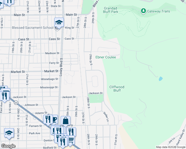 map of restaurants, bars, coffee shops, grocery stores, and more near 712 Cliffwood Lane in La Crosse