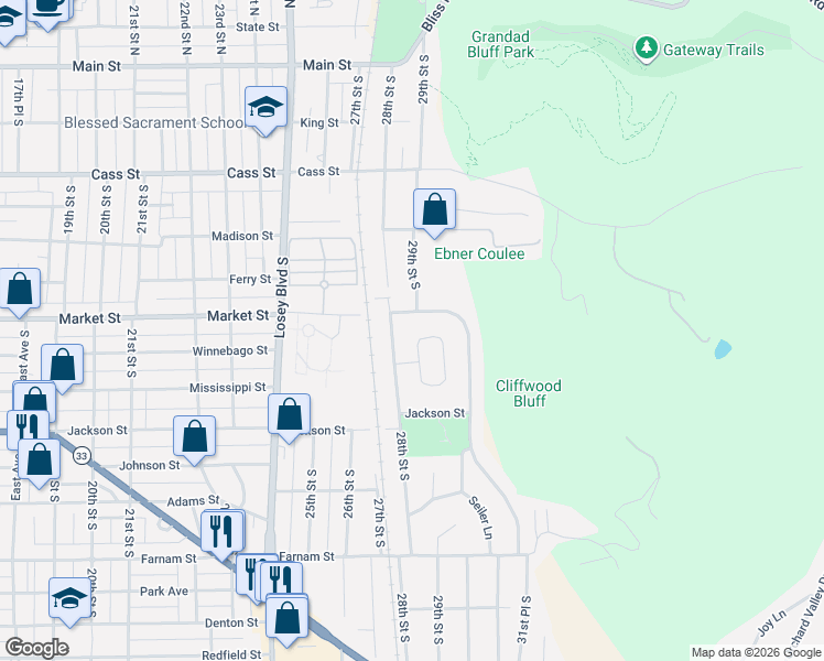 map of restaurants, bars, coffee shops, grocery stores, and more near 608 Cliffwood Lane in La Crosse