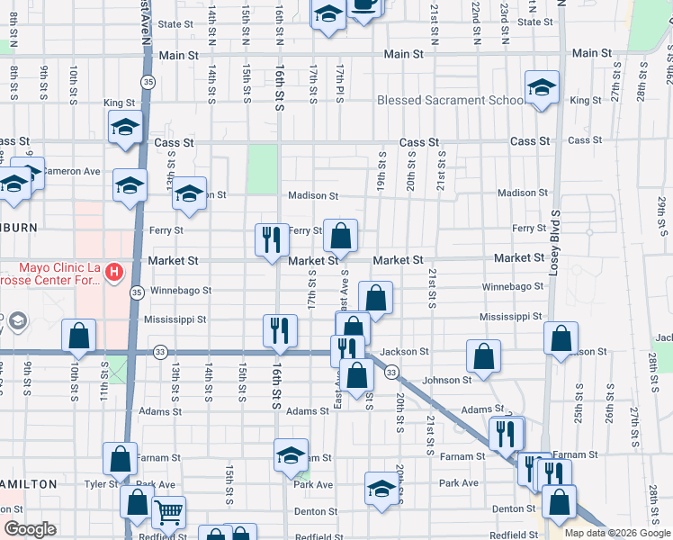 map of restaurants, bars, coffee shops, grocery stores, and more near 1722 Market Street in La Crosse
