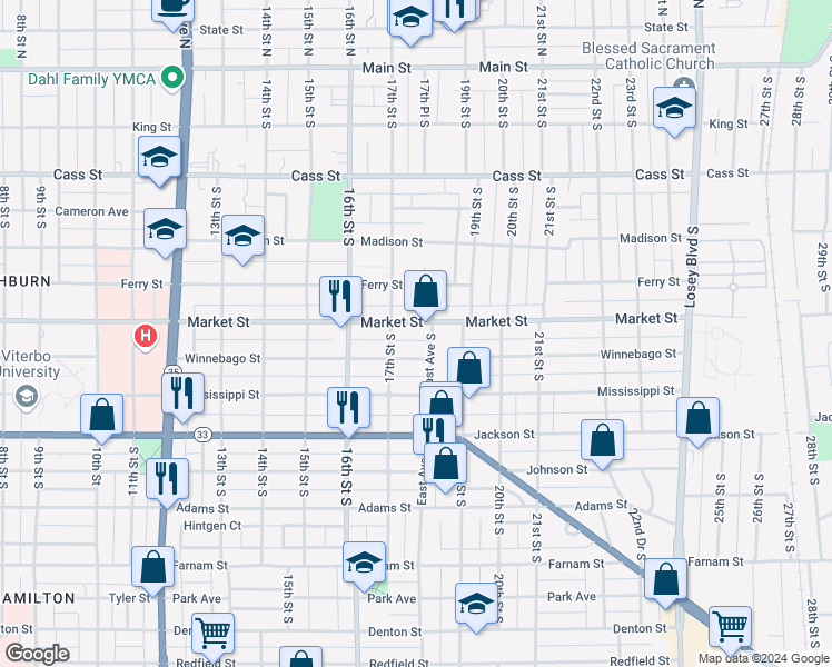 map of restaurants, bars, coffee shops, grocery stores, and more near 1722 Market Street in La Crosse