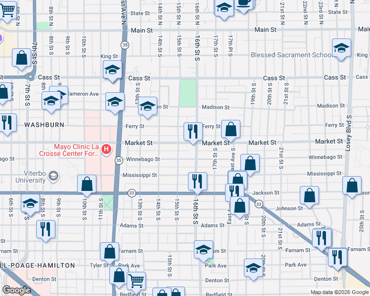 map of restaurants, bars, coffee shops, grocery stores, and more near 1532 Market Street in La Crosse